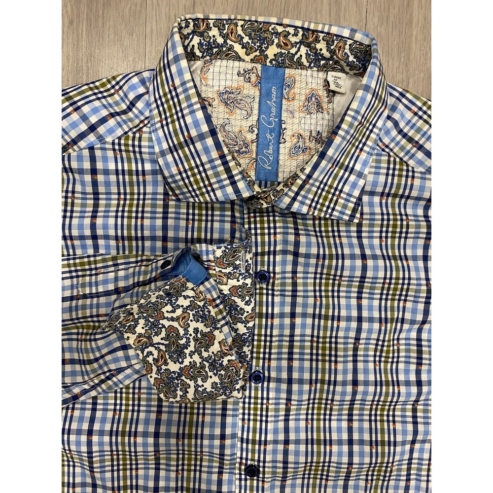 Robert Graham Mens XL Floral Flip‎ Cuff Classic Fit Button Up Shirt Check